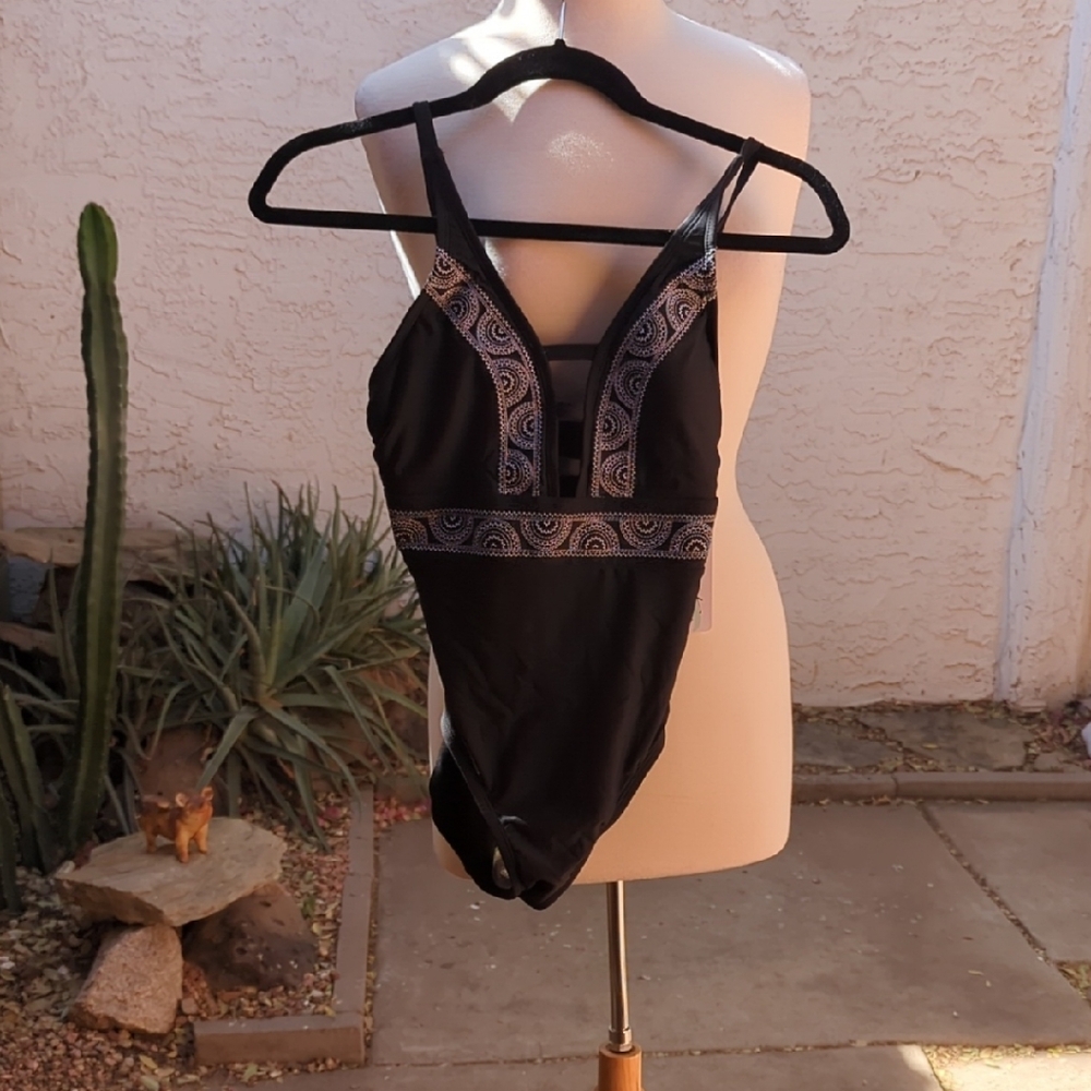 Black Embellished V-Neck One-Piece Swimsuit